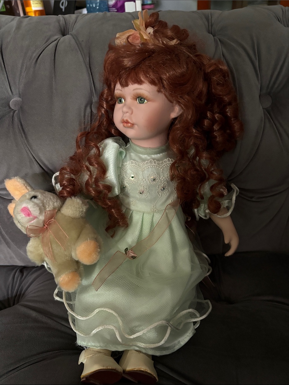 Vintage Porcelain Doll with Plush Bunny - Mint Green Dress